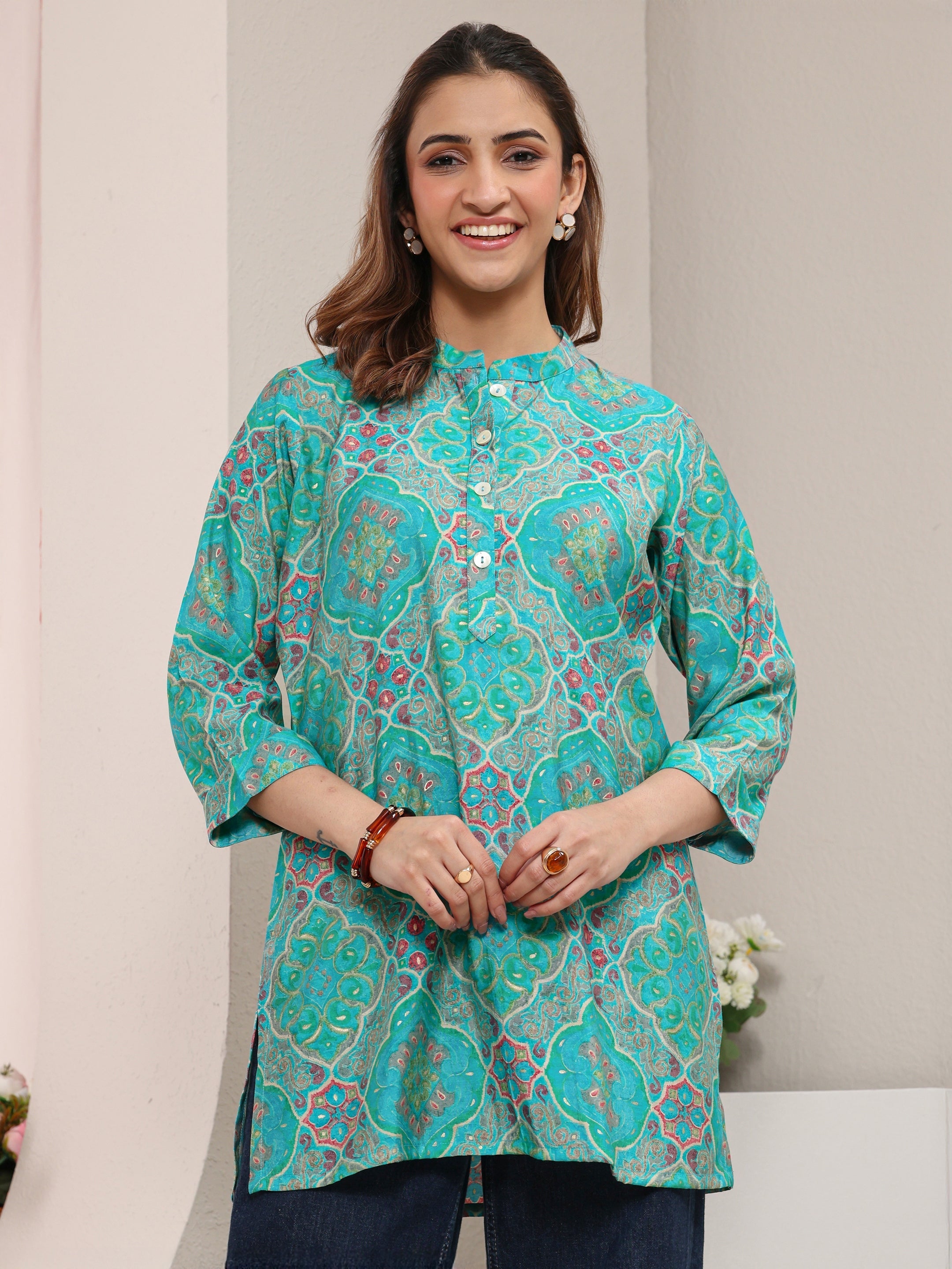 libas Blue Ethnic Printed Silk Blend Straight Short Kurti-picture-18