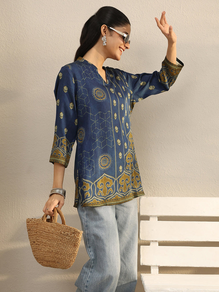 Libas Blue Ethnic Printed Silk Blend Straight Short Kurti