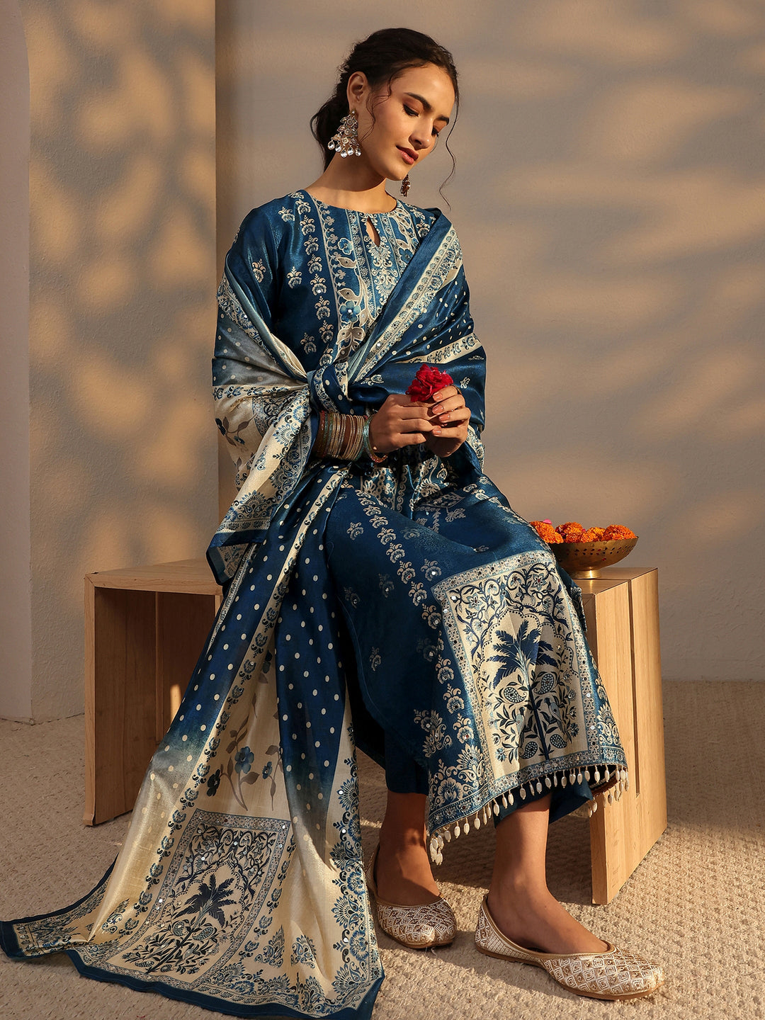  Blue Ethnic Printed Silk Blend Straight Suit Set With Dupatta 