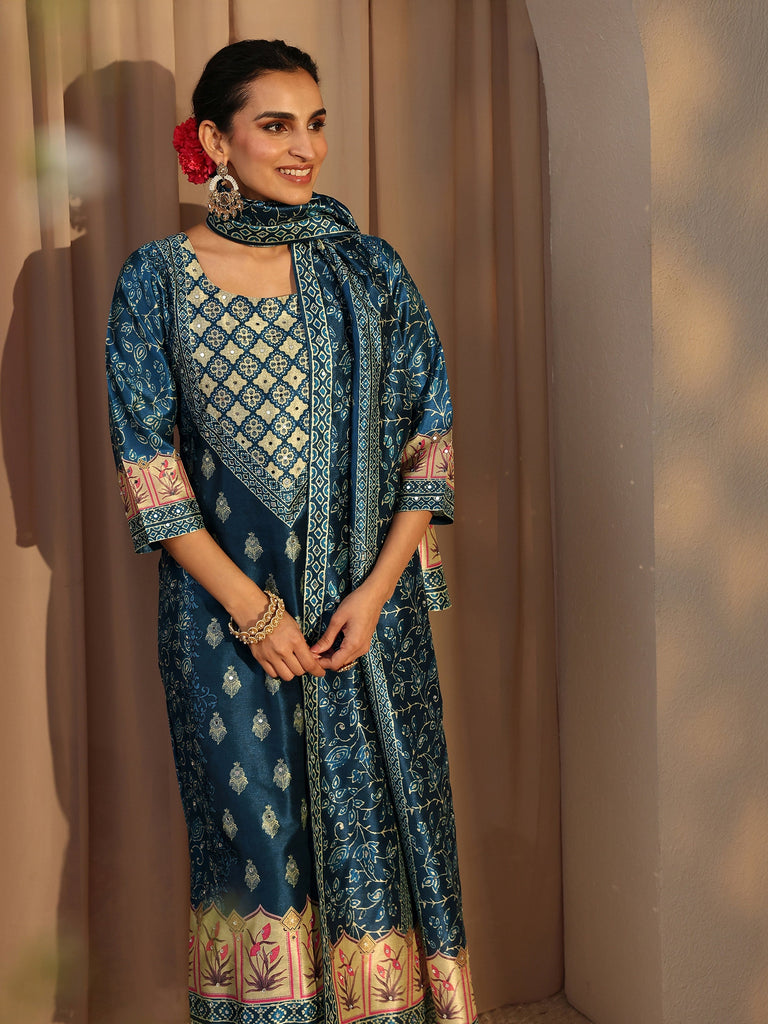 Libas Blue Ethnic Printed Silk Blend Straight Suit Set With Dupatta