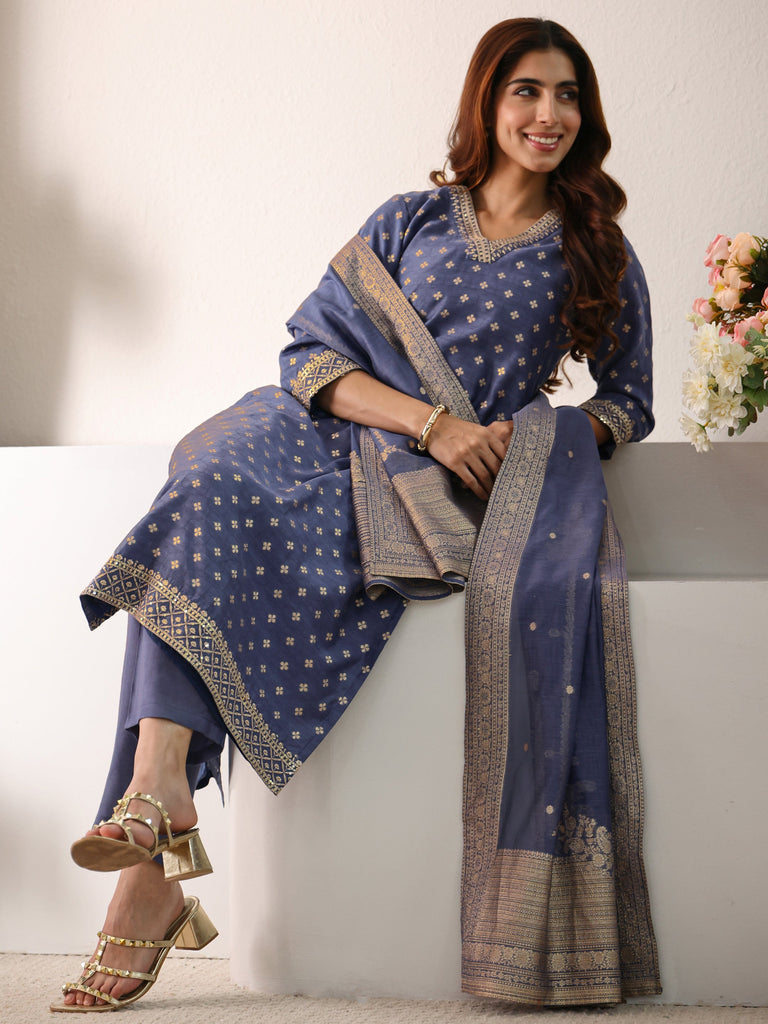 Libas Blue Ethnic Woven Design Chanderi Silk Straight Suit Set With Dupatta
