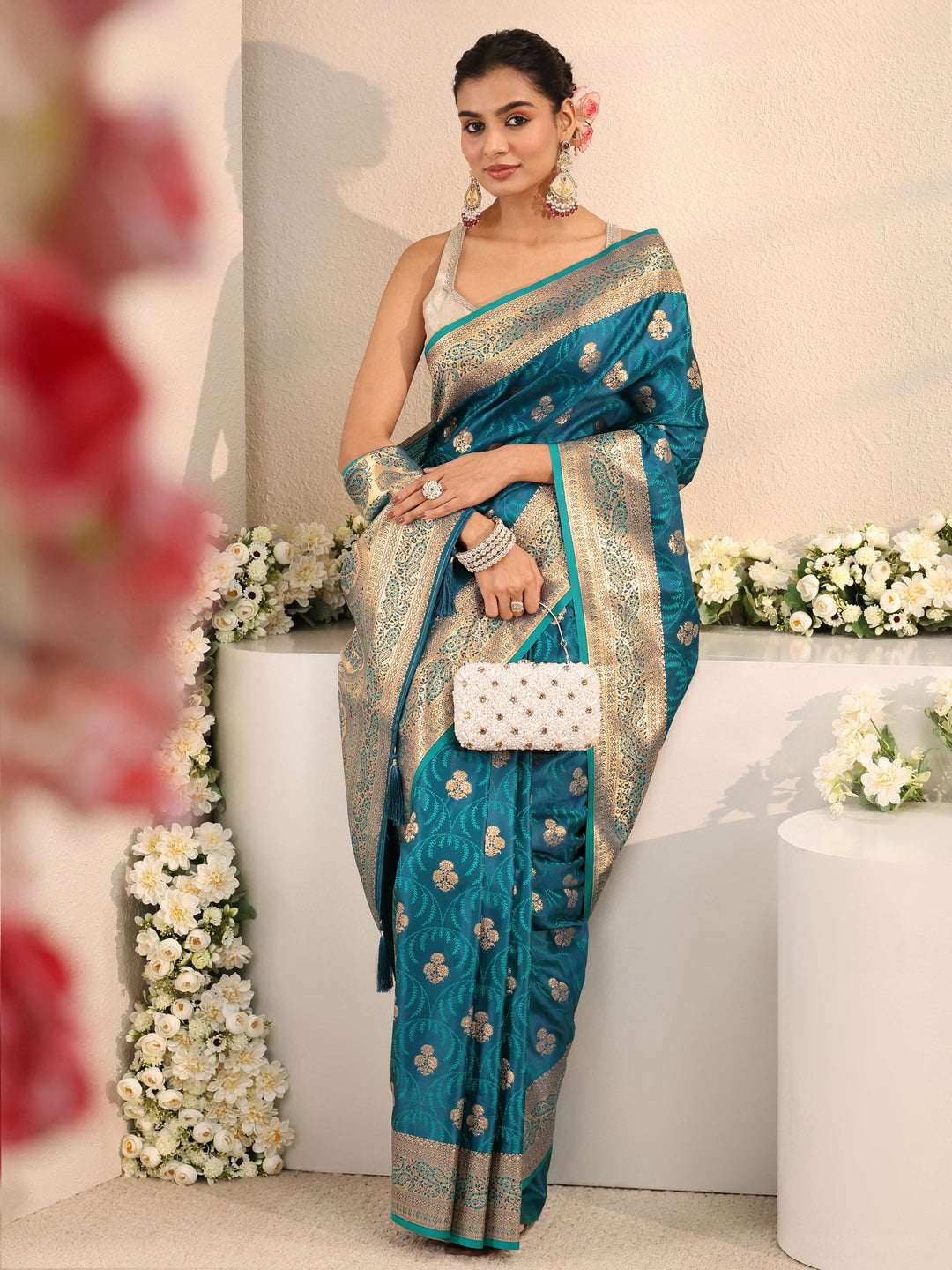  Libas Blue Ethnic Woven Design Silk Blend Saree With Unstitched Blouse Piece 