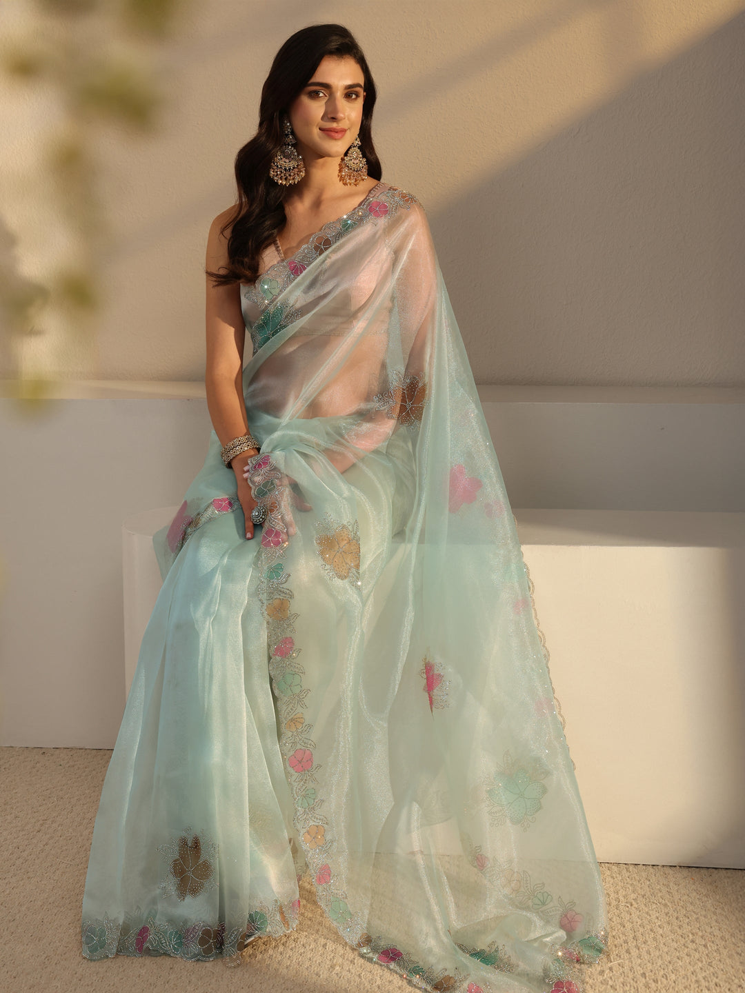  Libas Blue Floral Embellished Organza Saree With Unstitched Blouse Piece 