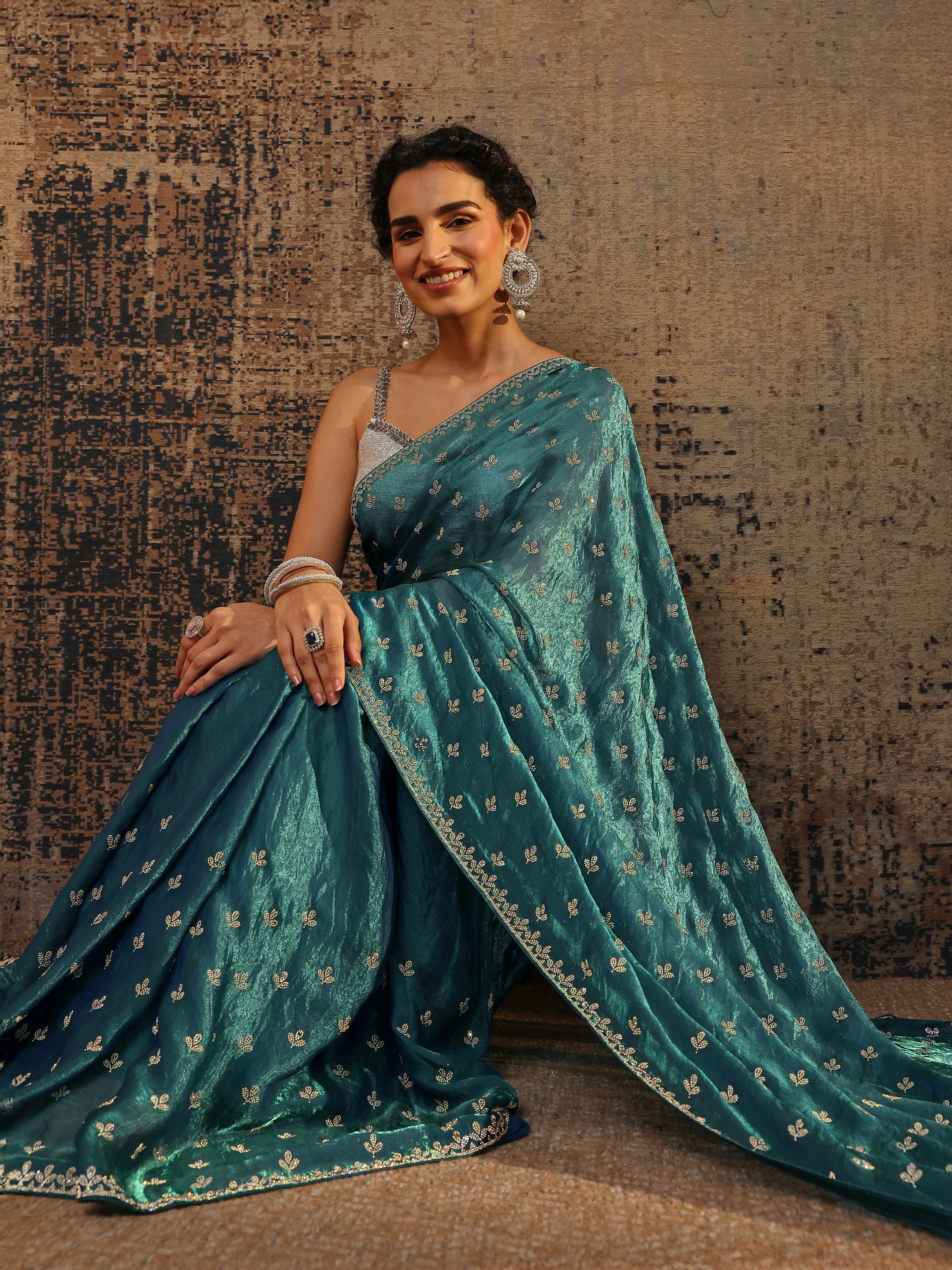 libas Blue Floral Embellished Satin Saree With Unstitched Blouse Piece-picture-55