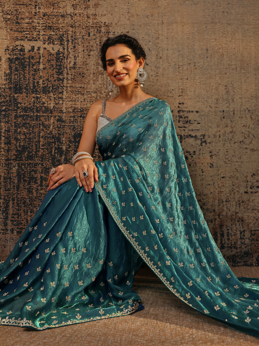 Blue Floral Embellished Satin Saree With Unstitched Blouse Piece