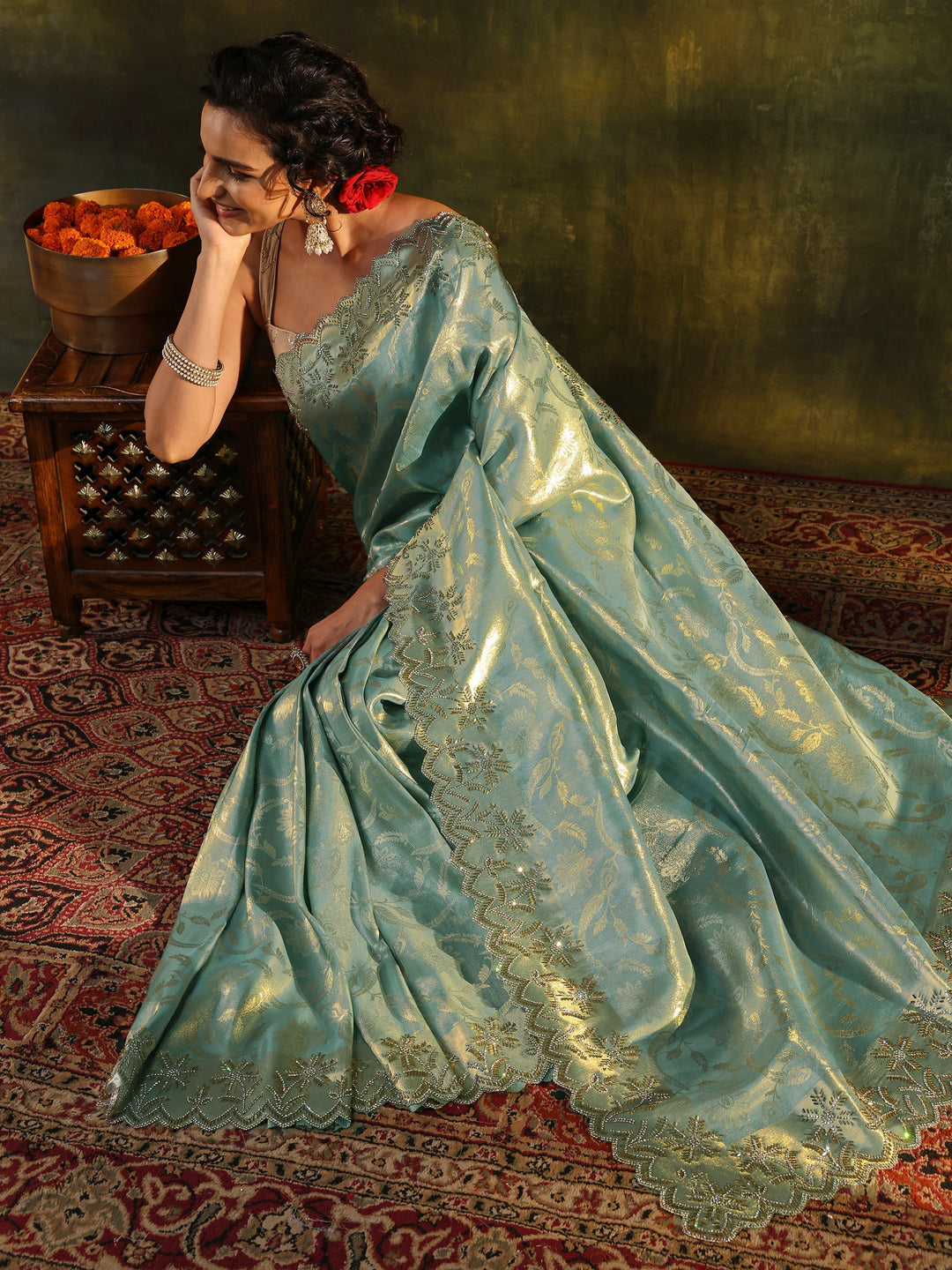 Libas Blue Floral Embellished Silk Saree With Unstitched Blouse Piece 