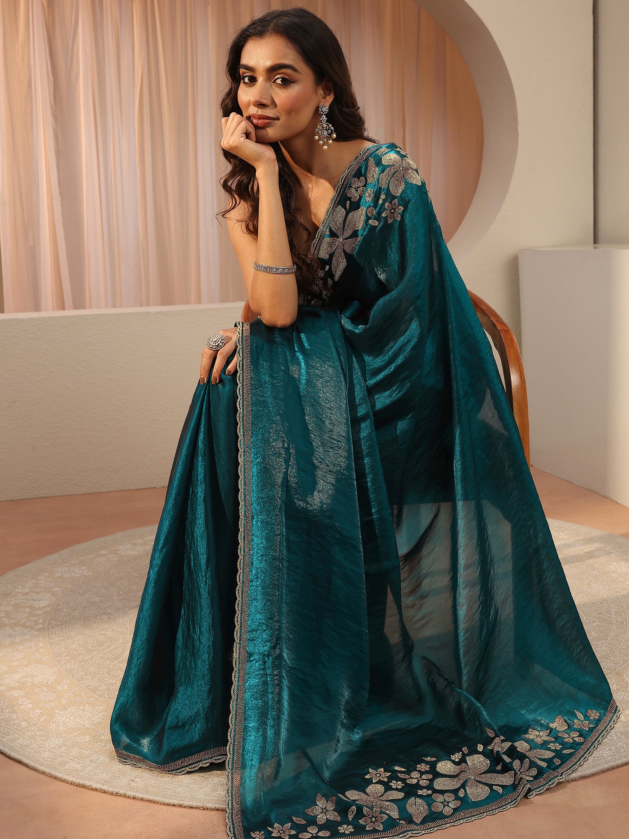 libas Blue Floral Embellished Tissue Saree-picture-39