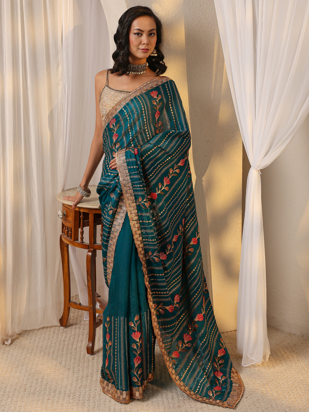  Blue Floral Embellished Tissue Saree With Unstitched Blouse Piece 