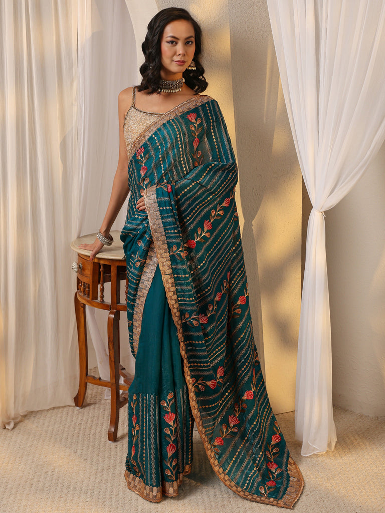 Libas Blue Floral Embellished Tissue Saree With Unstitched Blouse Piece