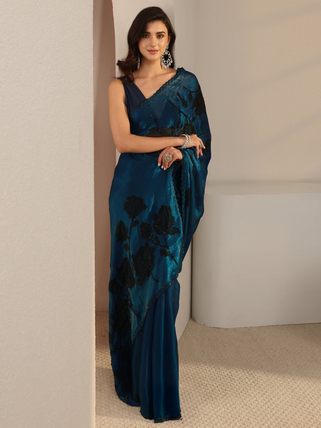 Blue Floral Embellished Tissue Saree With Unstitched Blouse Piece