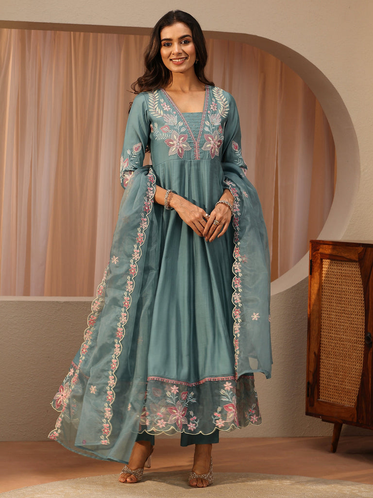 Libas Blue Floral Embroidered Chanderi Silk Anarkali Suit Set