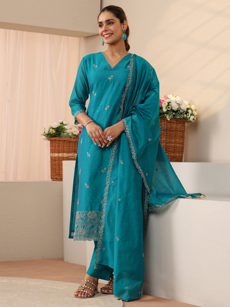 Libas Blue Floral Embroidered Chanderi Silk Straight Suit Set