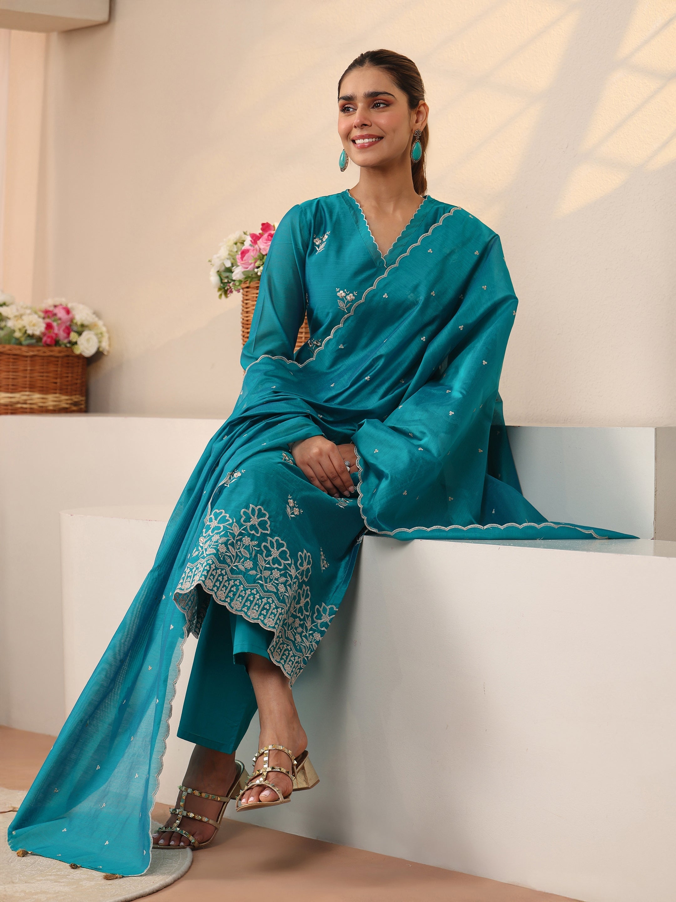 Libas Blue Floral Embroidered Chanderi Silk Straight Suit Set-picture-25