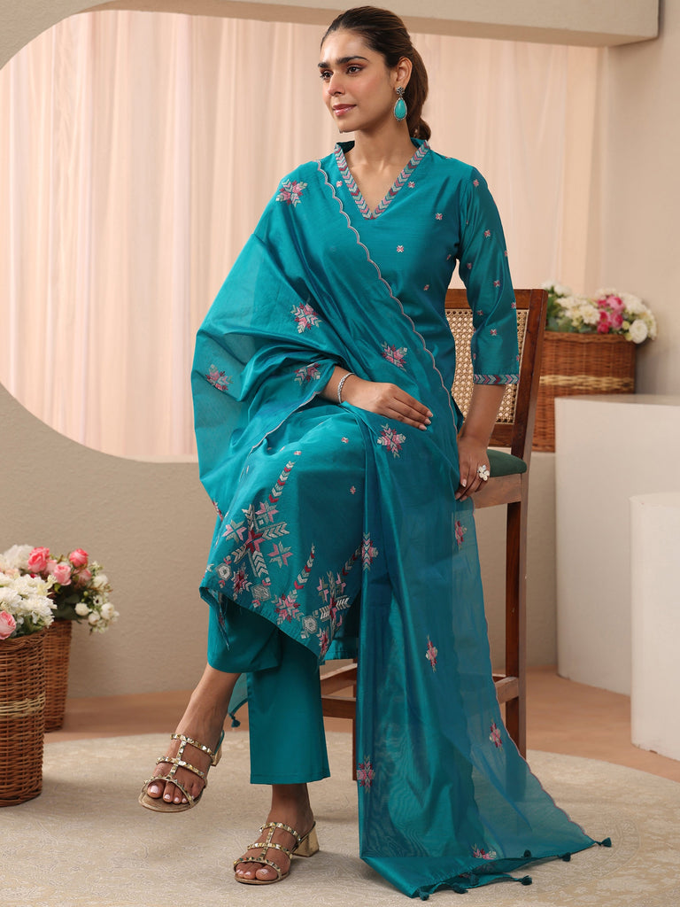 Libas Blue Floral Embroidered Chanderi Silk Straight Suit Set