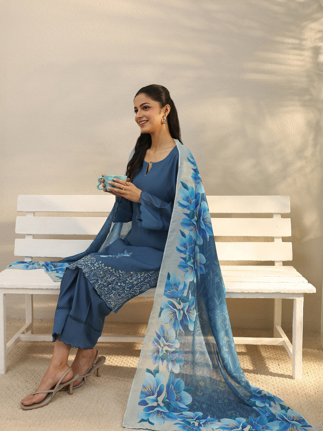  Blue Floral Embroidered Chanderi Silk Straight Suit Set 