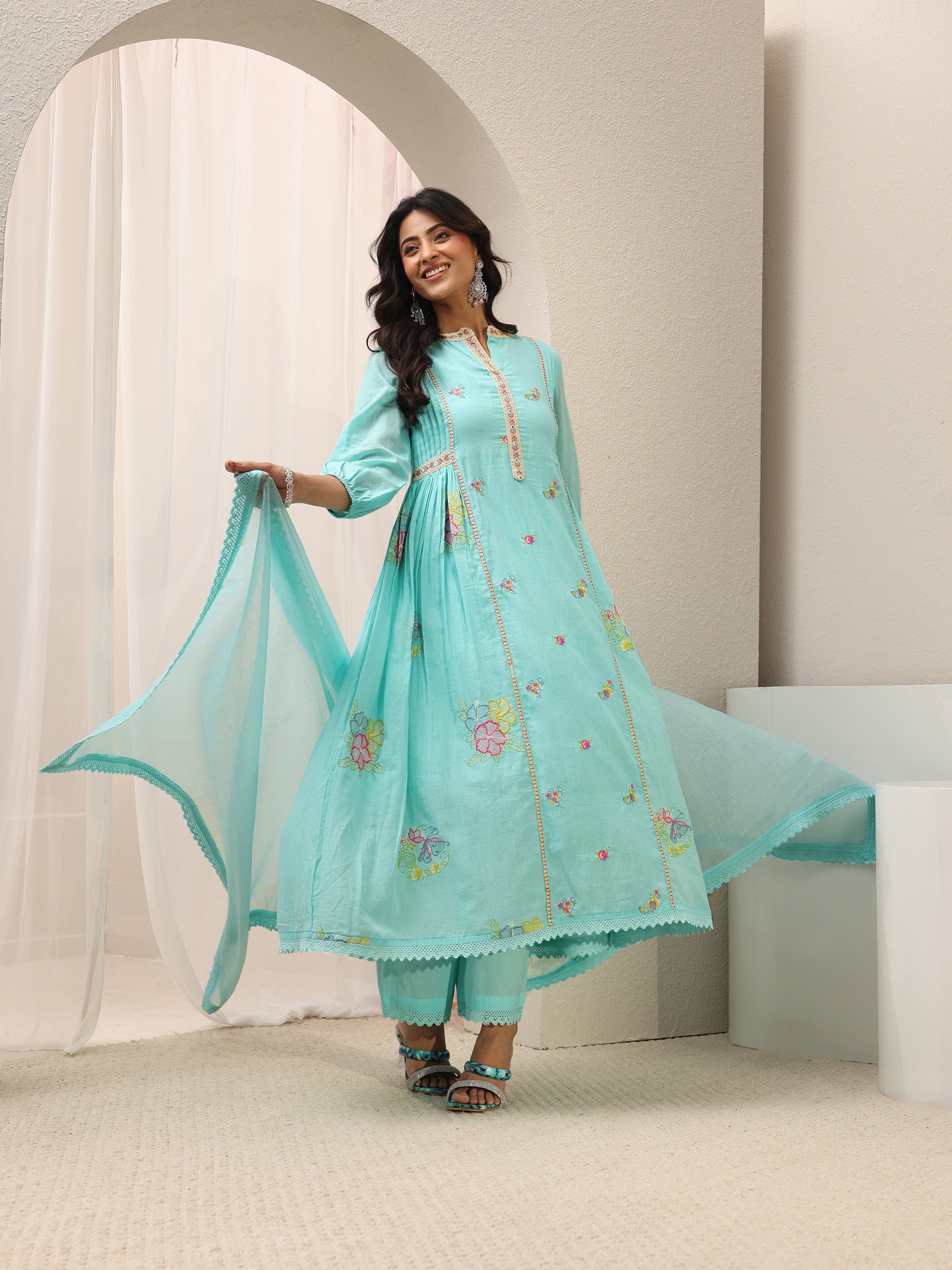 libas Blue Floral Embroidered Cotton Blend A-Line Suit Set With Dupatta-picture-33
