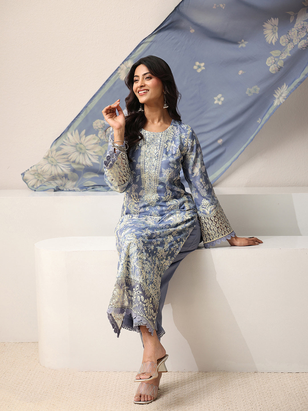  Blue Floral Embroidered Cotton Blend Straight Suit Set With Dupatta 