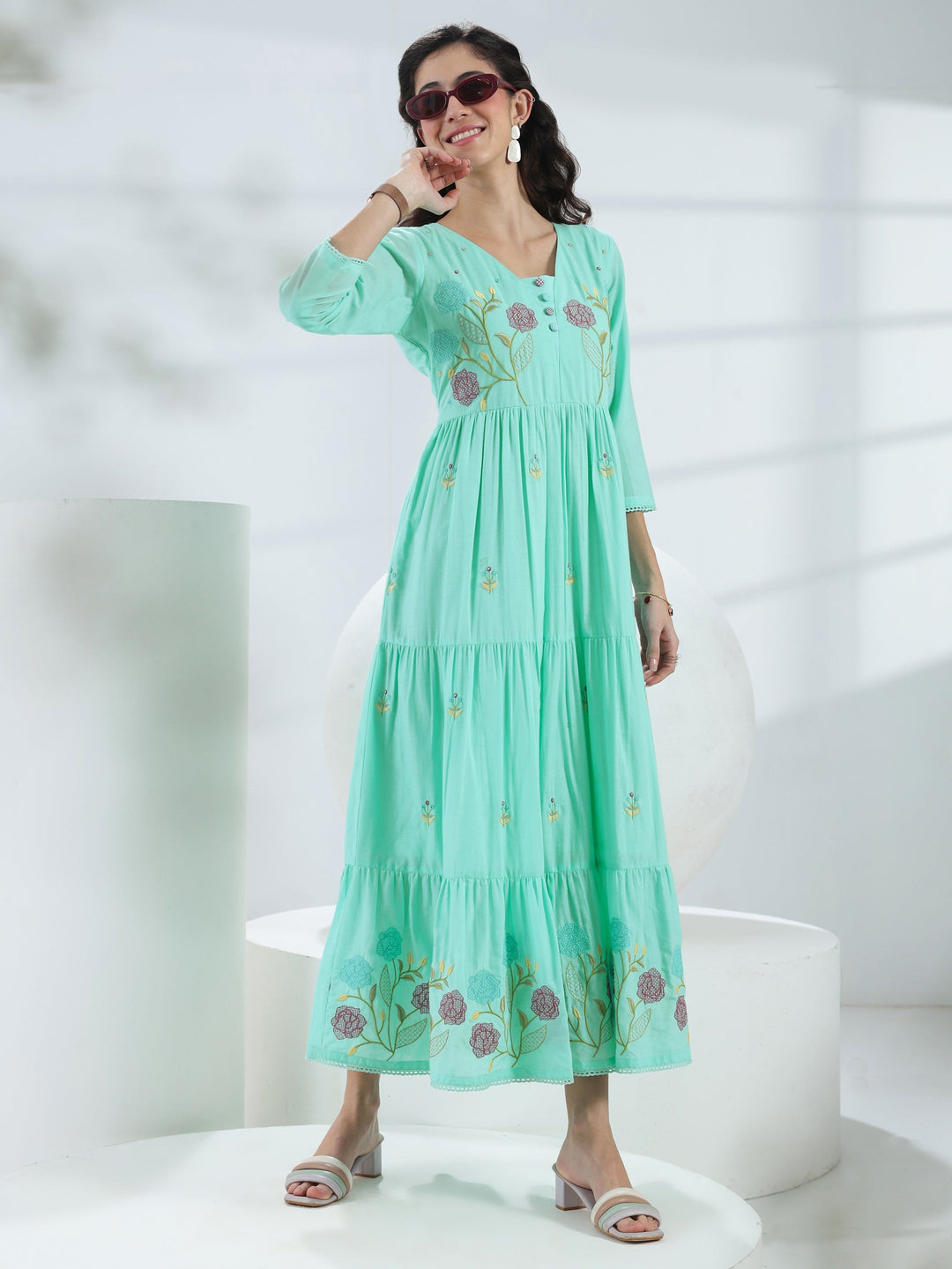  Blue Floral Embroidered Cotton Fit-And-Flare One-Piece Dress 