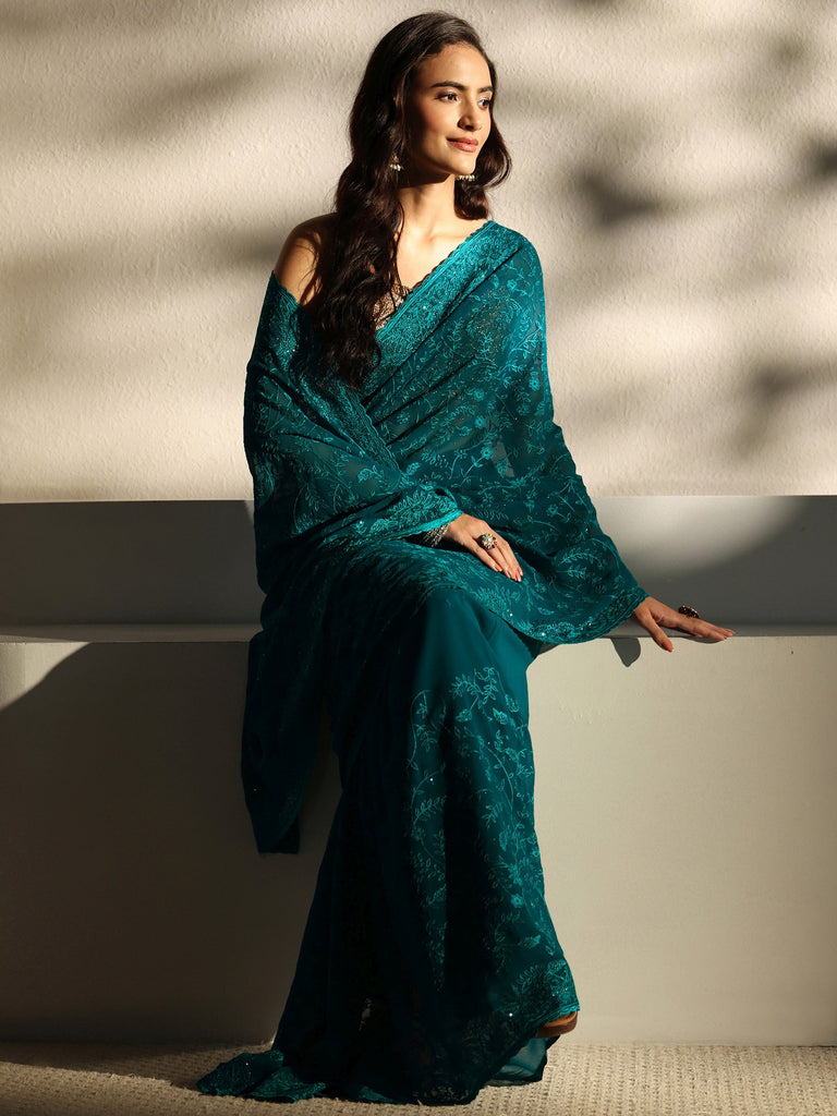 Libas Blue Floral Embroidered Net Sareewith Unstitched Blouse Piece