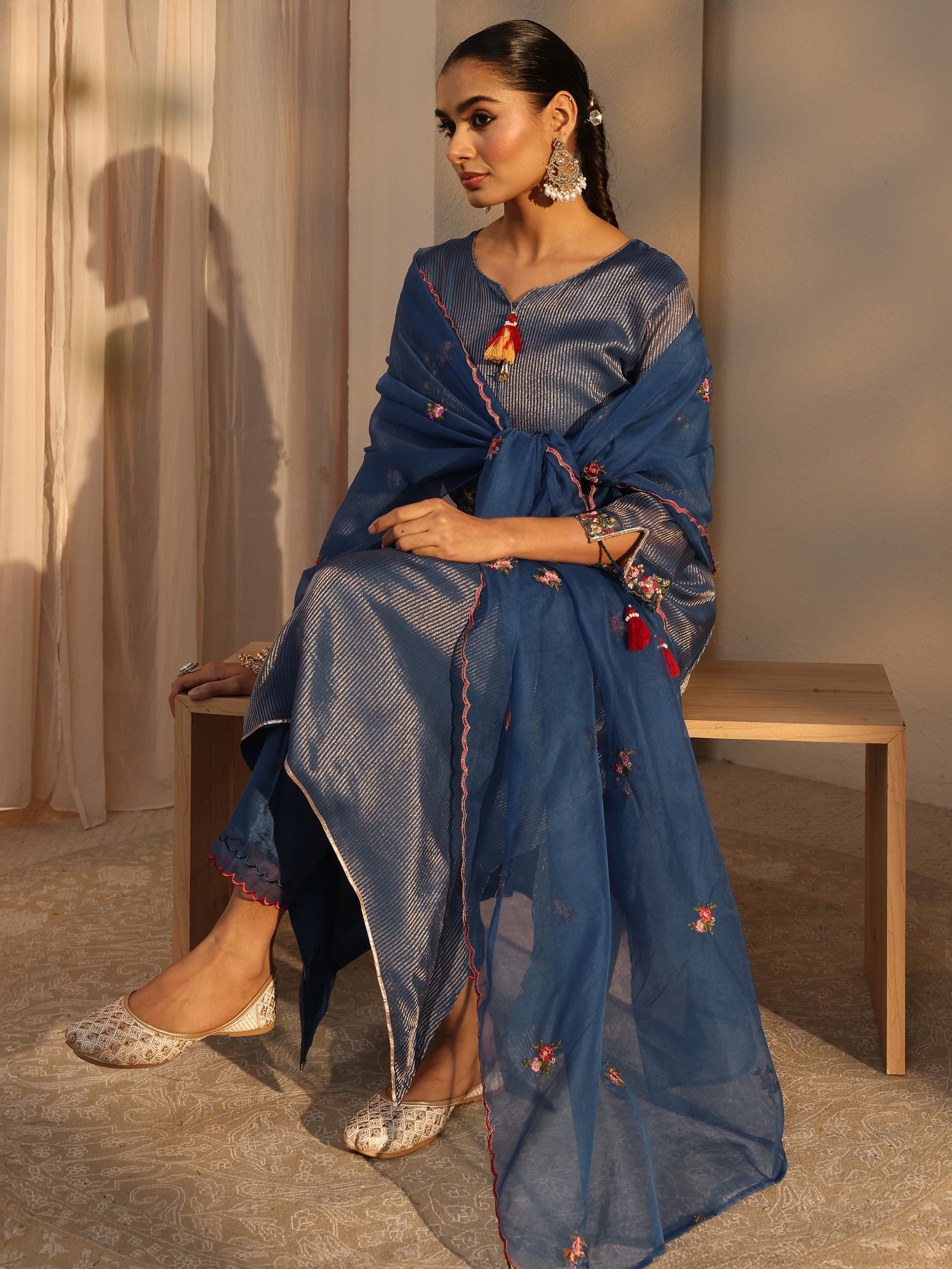 libas Blue Floral Embroidered Organza A-Line Suits Set With Dupatta-picture-13