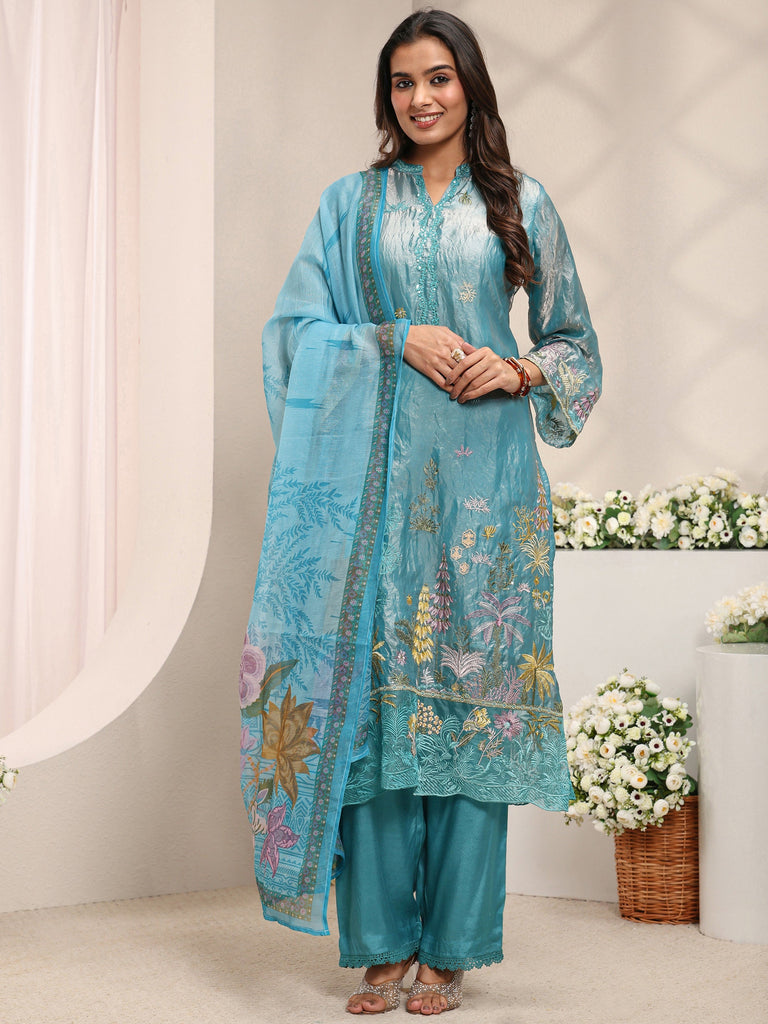 Libas Blue Floral Embroidered Organza Straight Suit Set with Dupatta