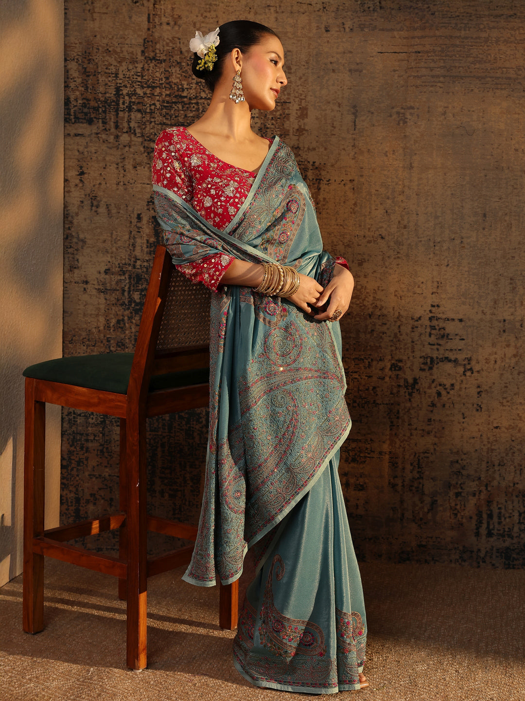 Blue Floral Embroidered Satin Saree With Unstitched Blouse Piece