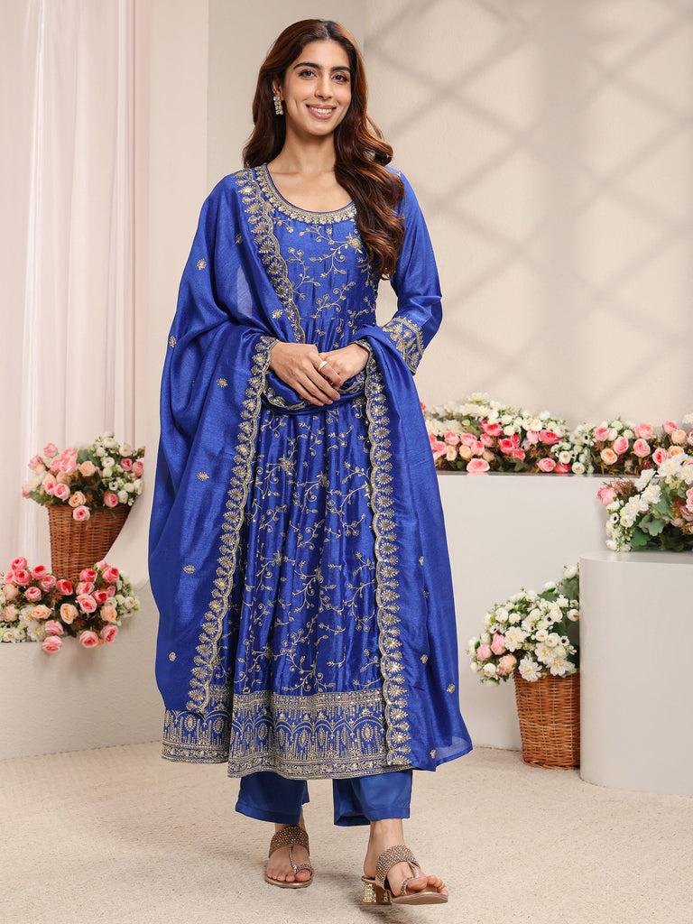Libas Blue Floral Embroidered Silk Blend Anarkali Suit Set With Dupatta