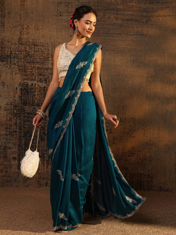 Blue Floral Embroidered Silk Blend Saree With Unstitched Blouse Piece