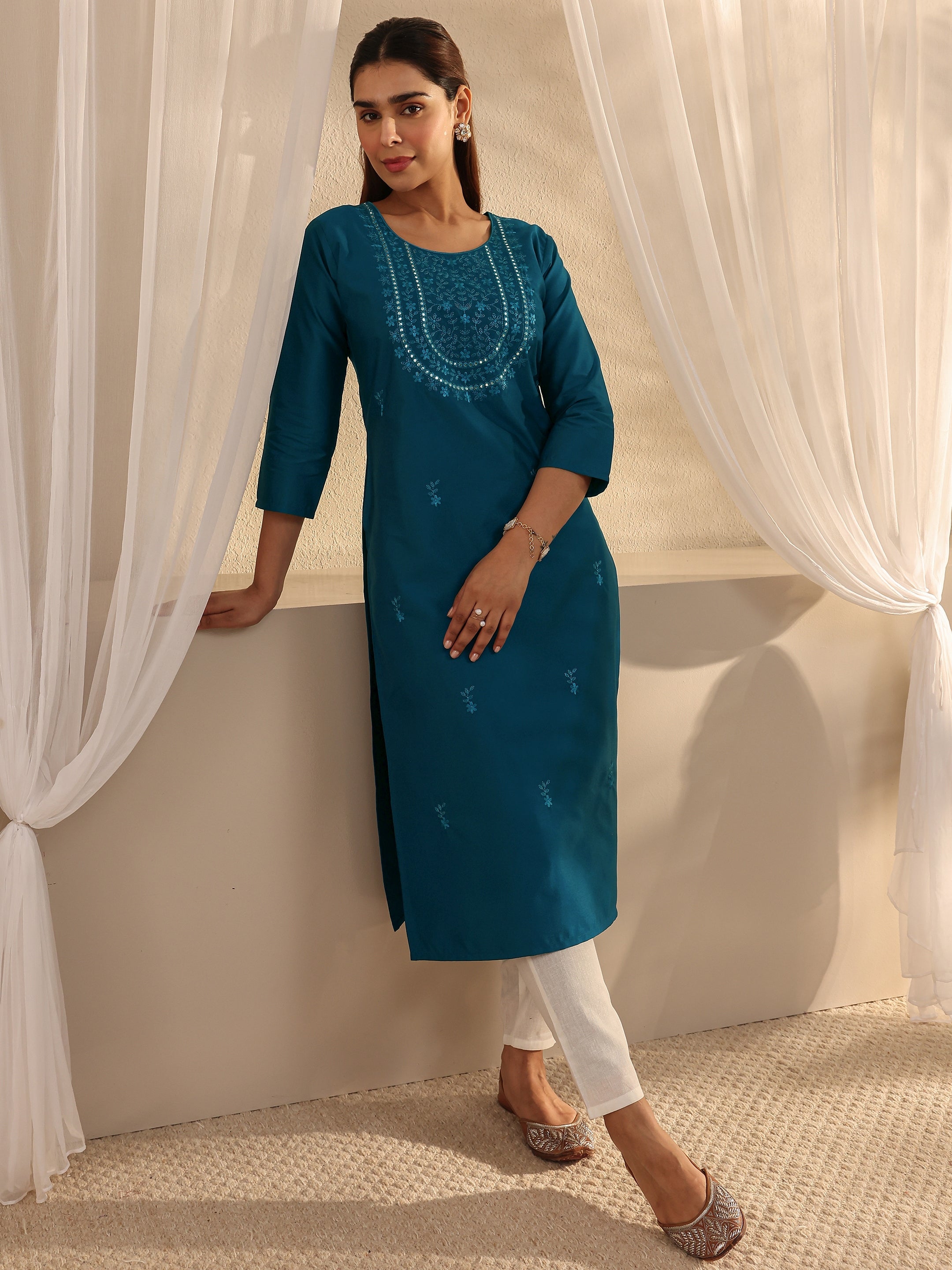 libas Blue Floral Embroidered Silk Blend Straight Kurta-picture-44