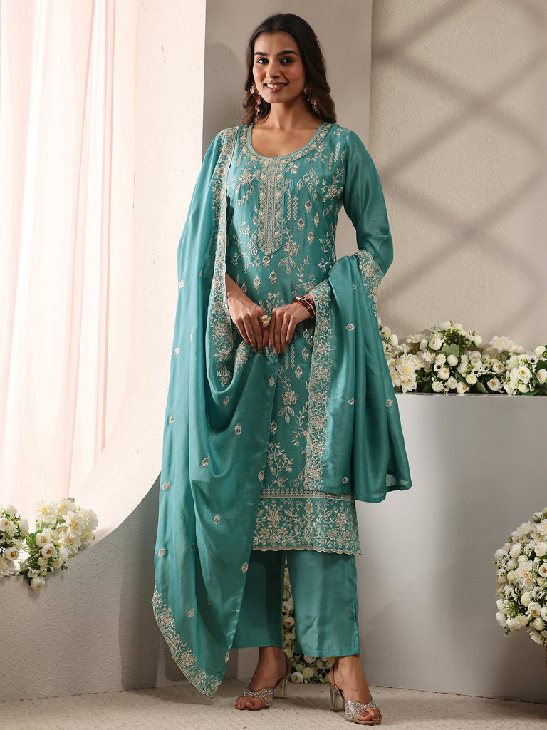 Libas Blue Floral Embroidered Silk Blend Straight Suit Set With Dupatta