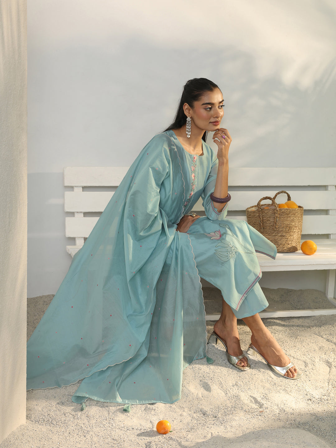 Blue Floral Embroidered Silk Blend Straight Suit Set With Dupatta