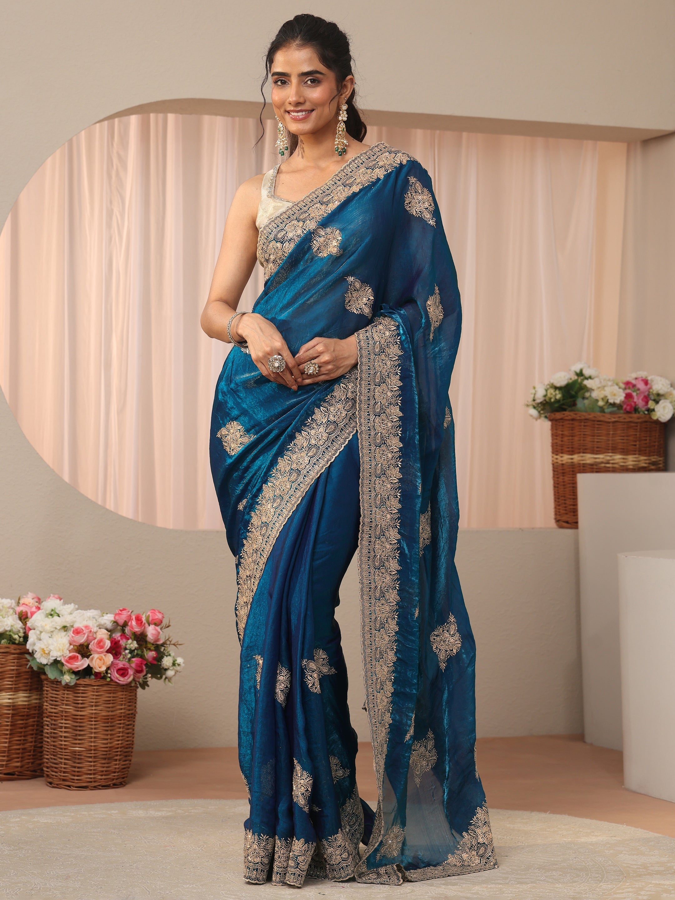 libas Blue Floral Embroidered Tissue Saree-picture-33