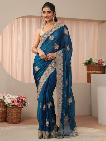 Blue Floral Embroidered Tissue Saree