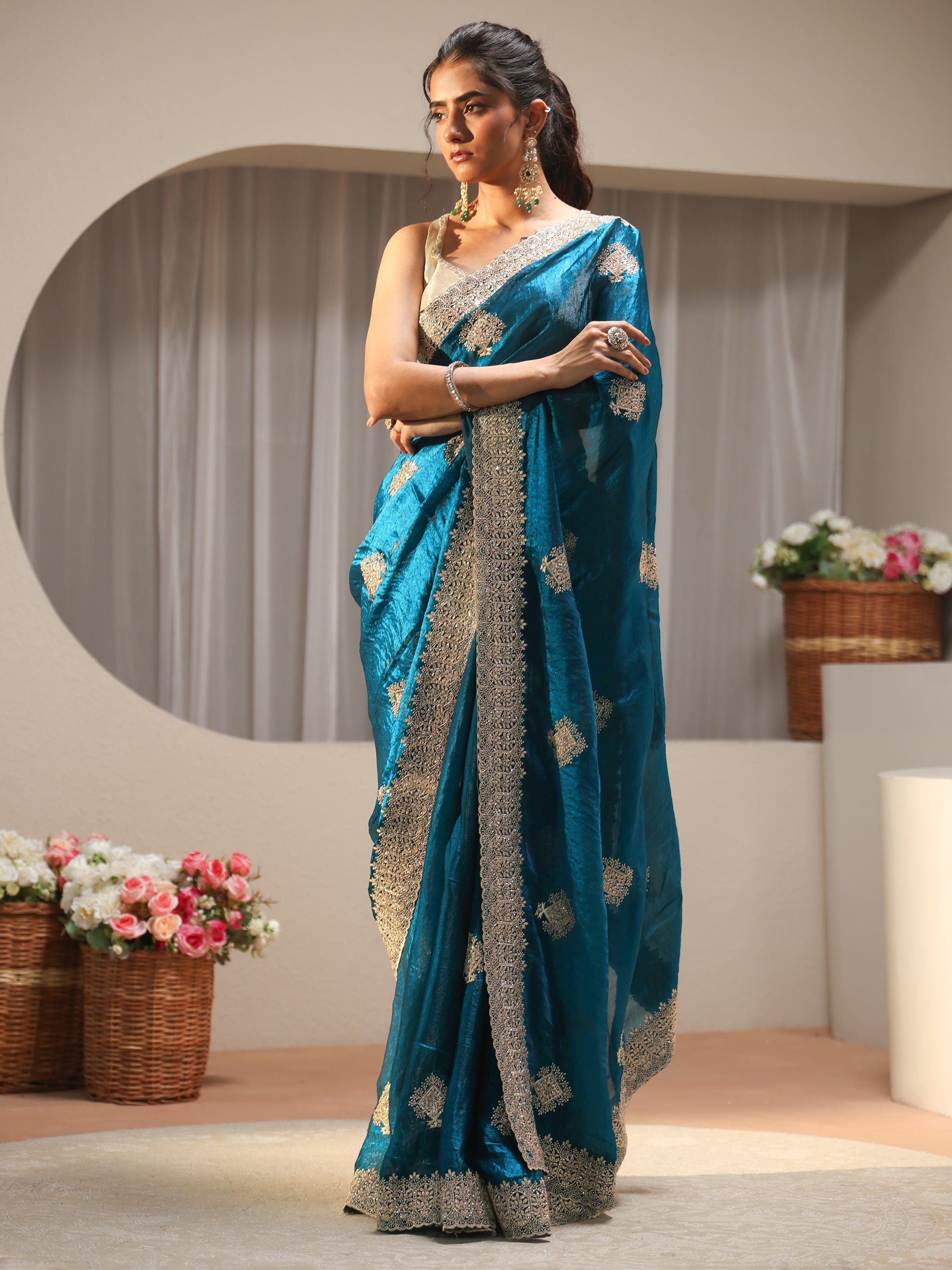 libas Blue Floral Embroidered Tissue Saree-picture-17