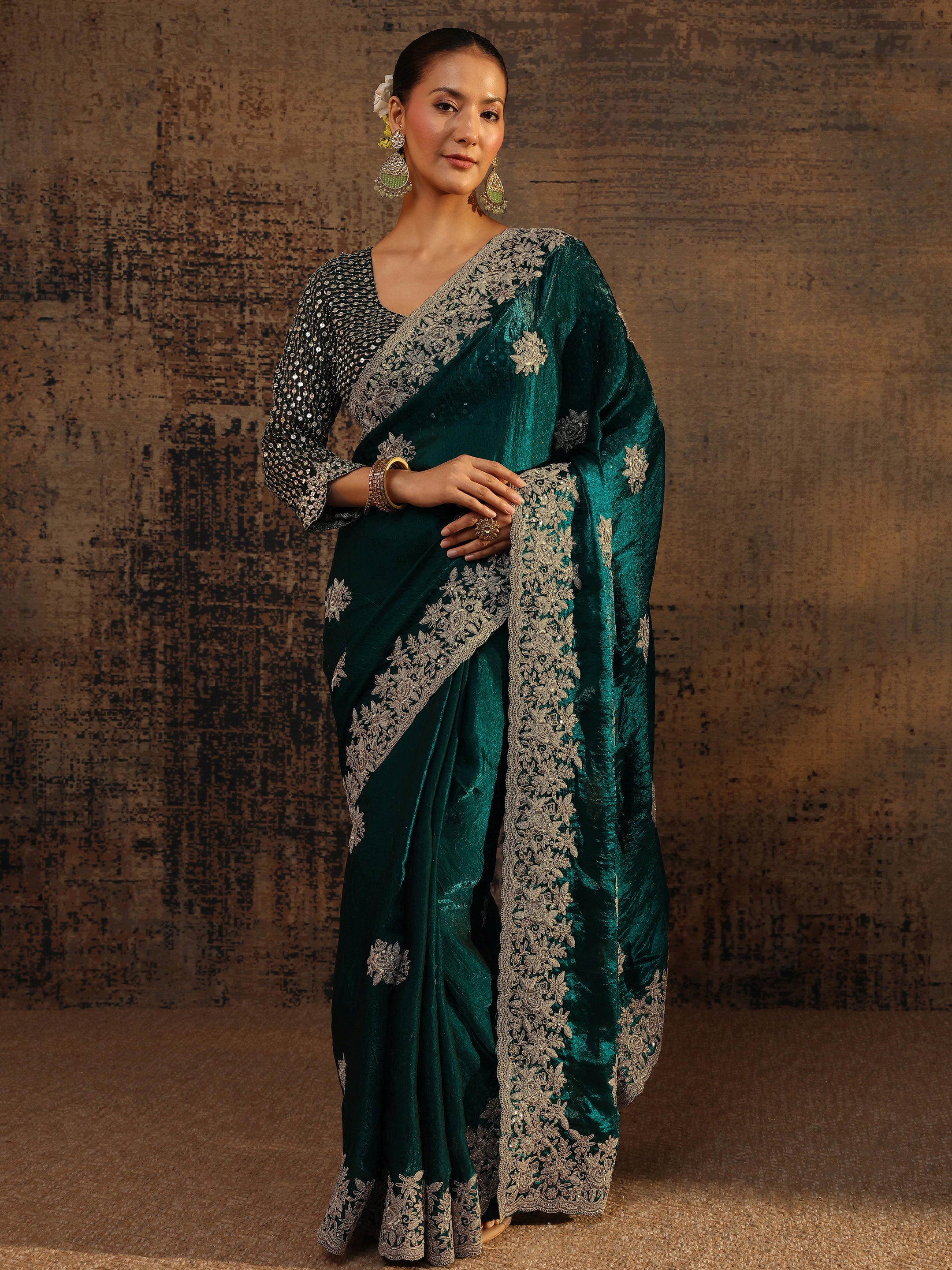 libas Blue Floral Embroidered Tissue Saree With Unstitched Blouse Piece-picture-29