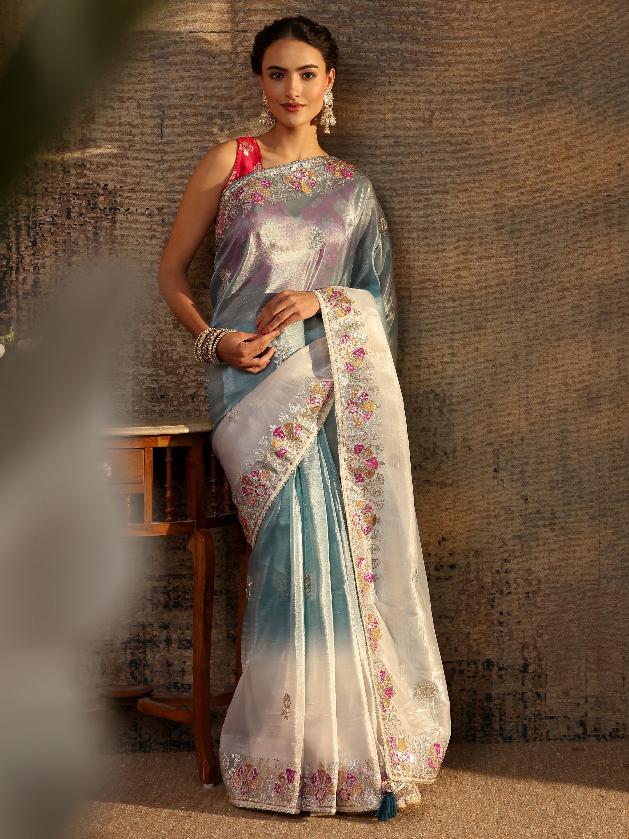 libas Blue Floral Embroidered Tissue Saree With Unstitched Blouse Piece-picture-49