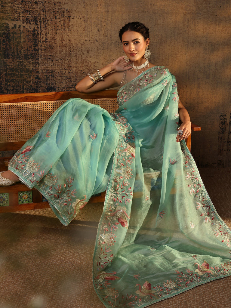 Libas Blue Floral Embroidered Tissue Saree With Unstitched Blouse Piece