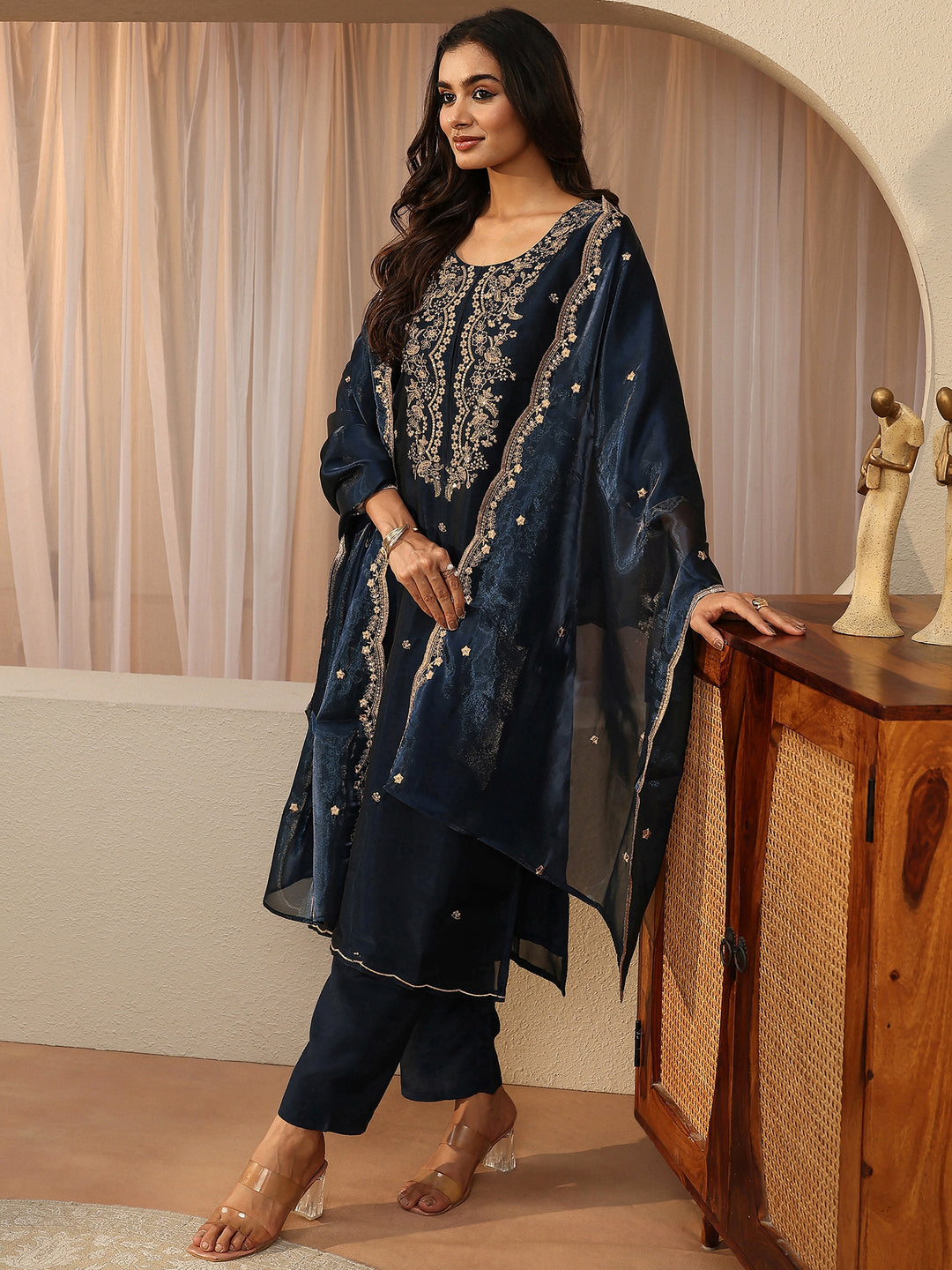  Blue Floral Embroidered Tissue Straight Suit Set 