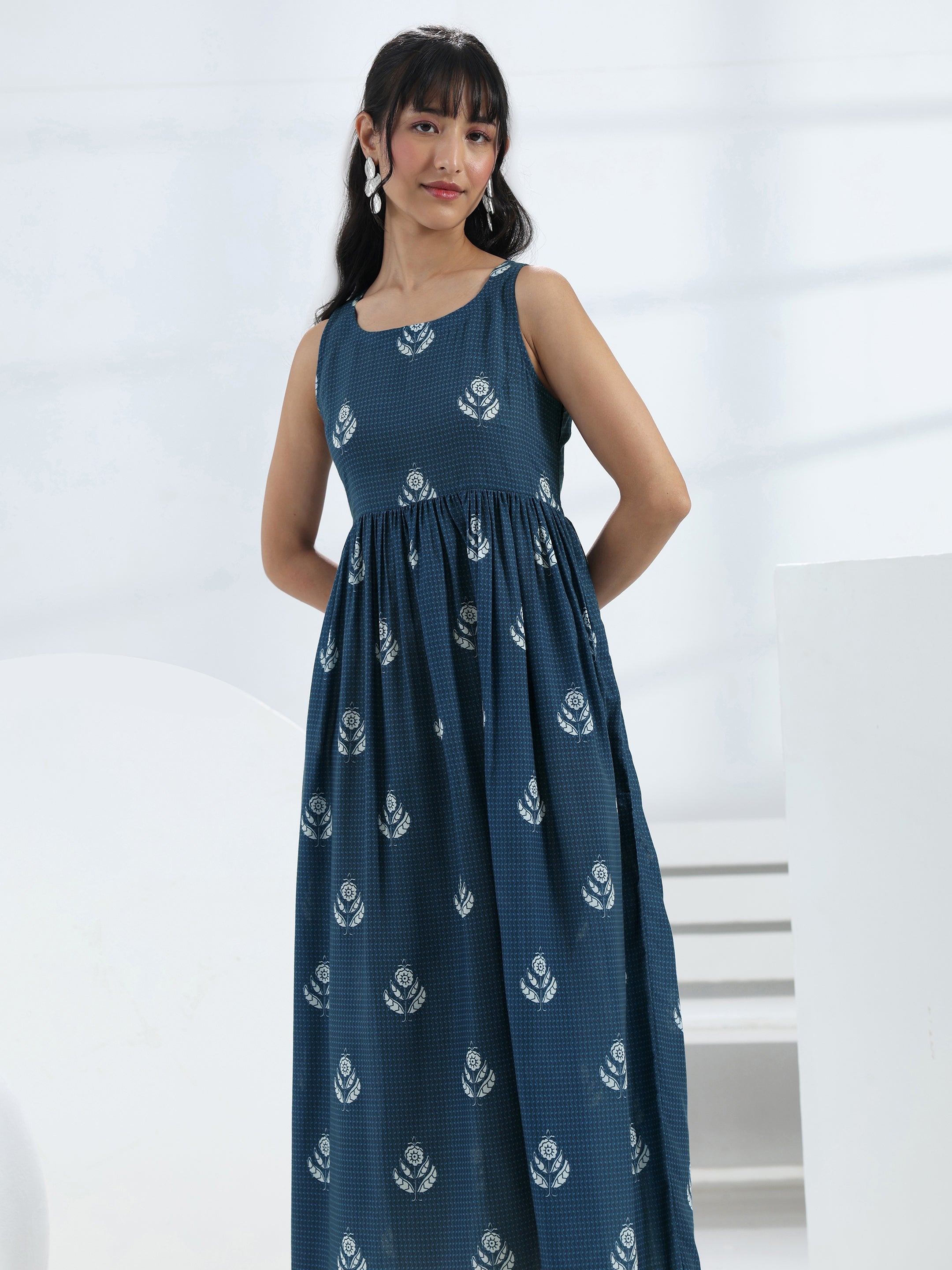 libas Blue Floral Printed A-Line Cotton Blend One-Piece Dress-picture-49