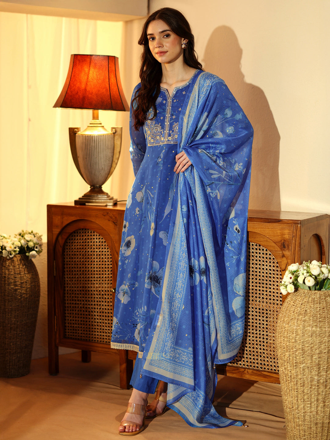 Blue Floral Printed Chiffon Anarkali Suit Set 
