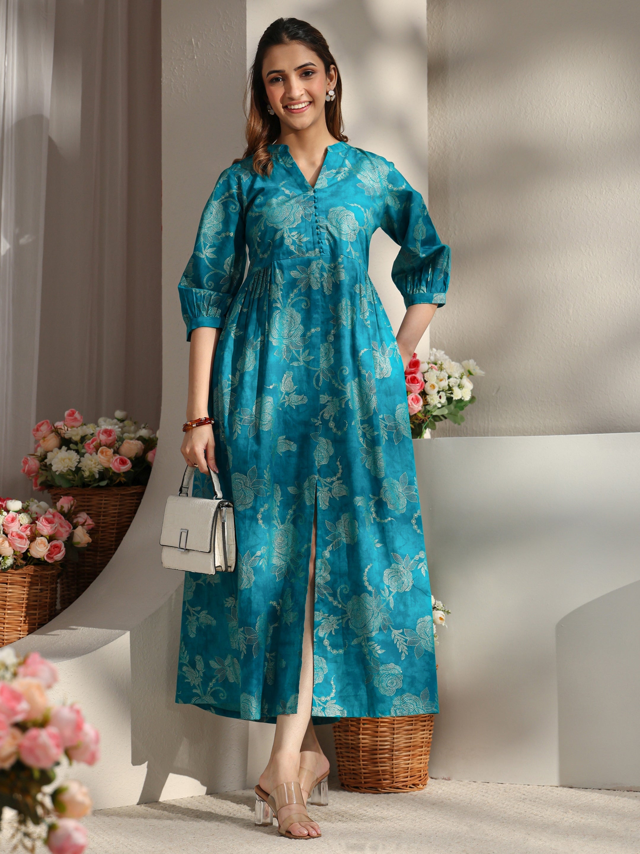 Libas Blue Floral Printed Cotton A-Line One Piece Dress-picture-46