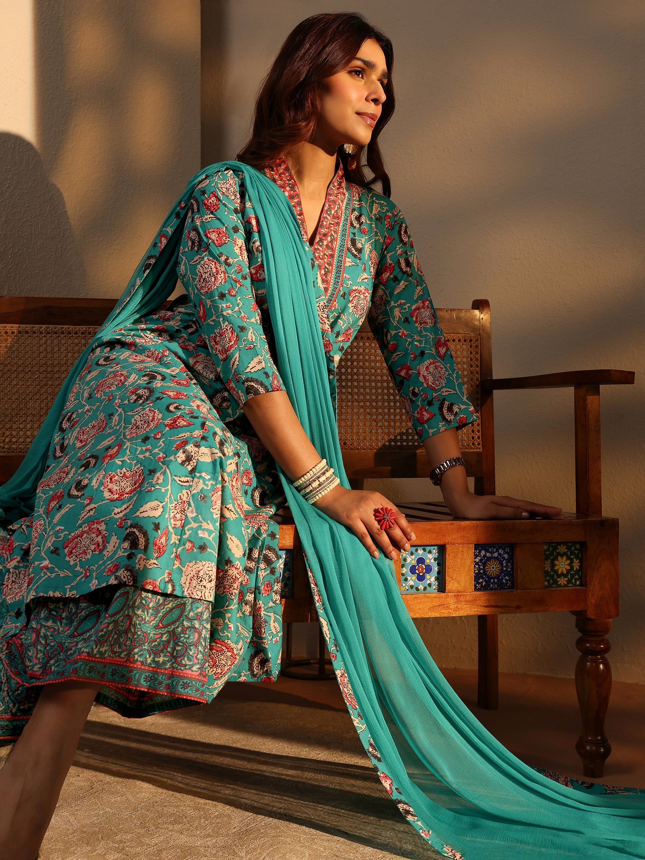 libas Blue Floral Printed Cotton A-Line Suit Set With Dupatta-picture-19