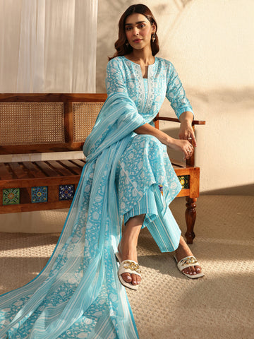 Gerua Blue Floral Printed Cotton Blend A-Line Suit Set With Dupatta