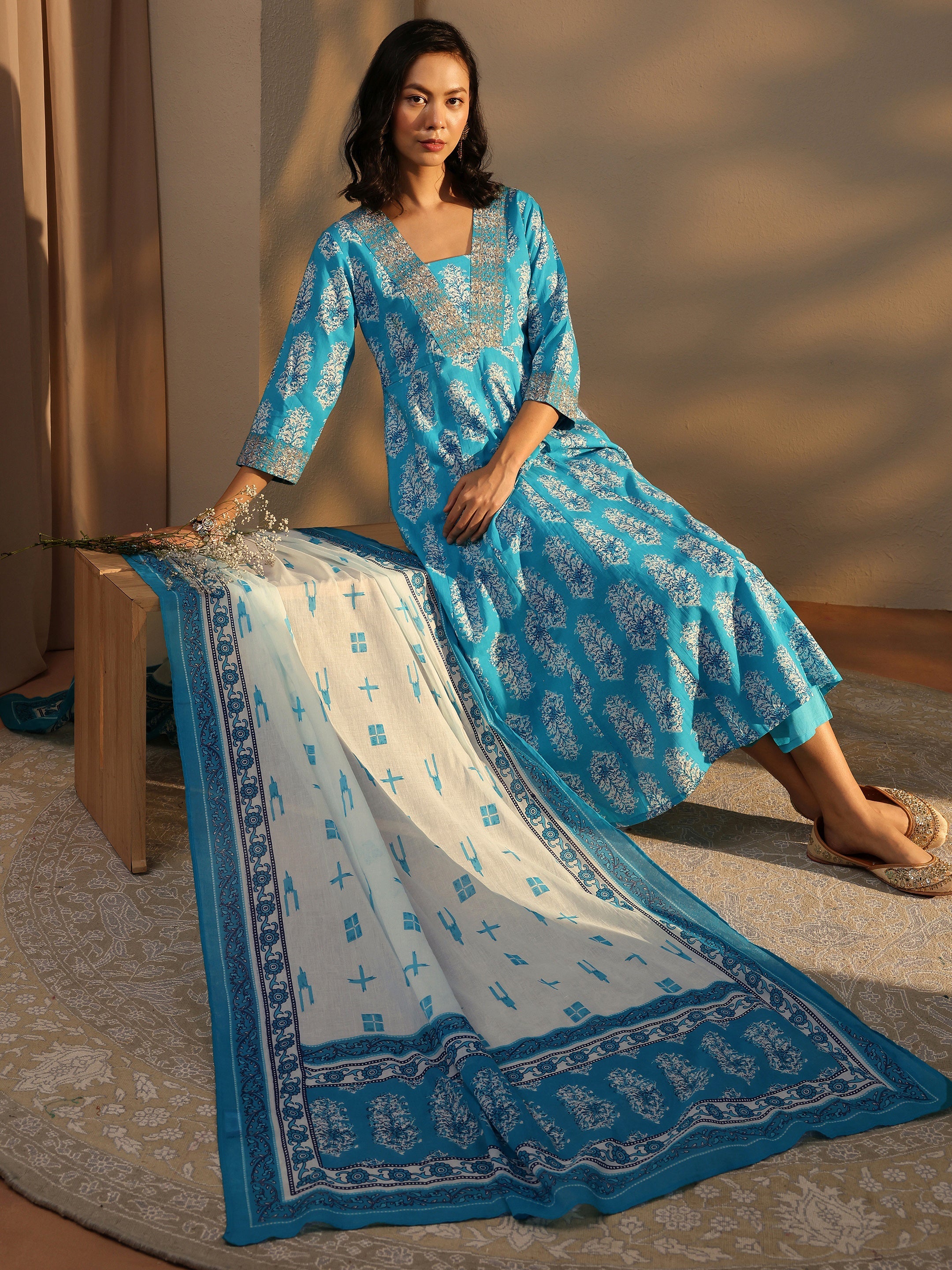 libas Blue Floral Printed Cotton Anarkali Suit Set With Dupatta-picture-45