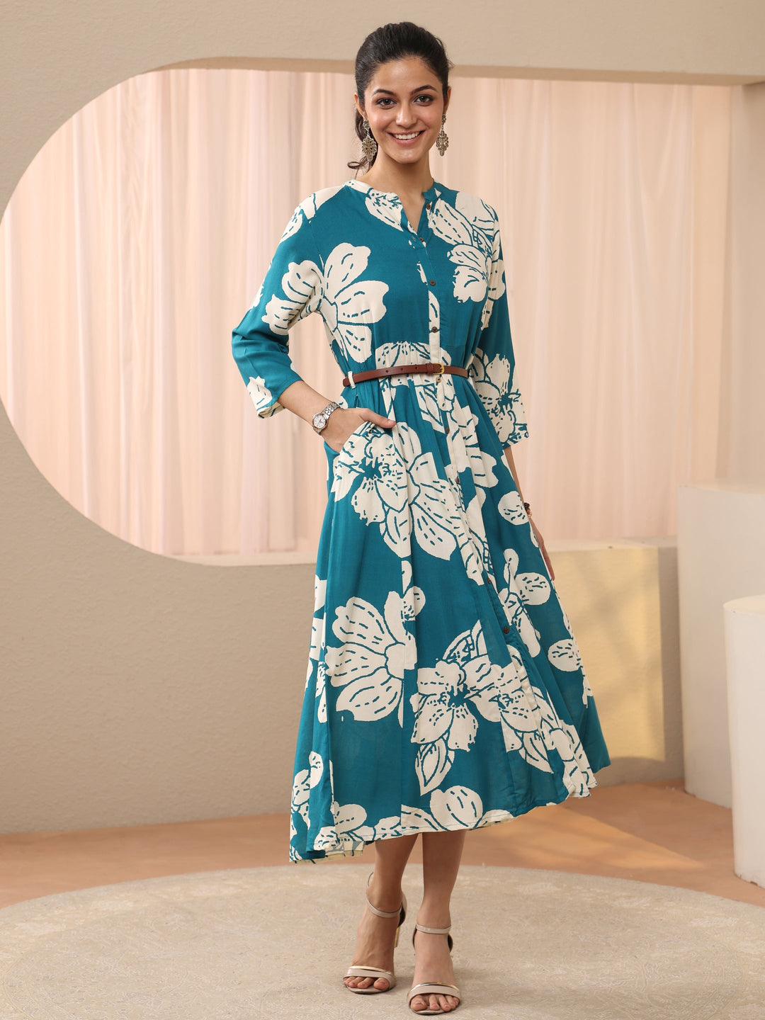  Blue Floral Printed Cotton Blend A-Line Shirt Dress 