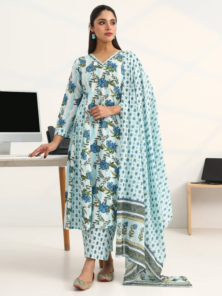 Gerua Blue Floral Printed Cotton Blend A-Line Suit Set With Dupatta