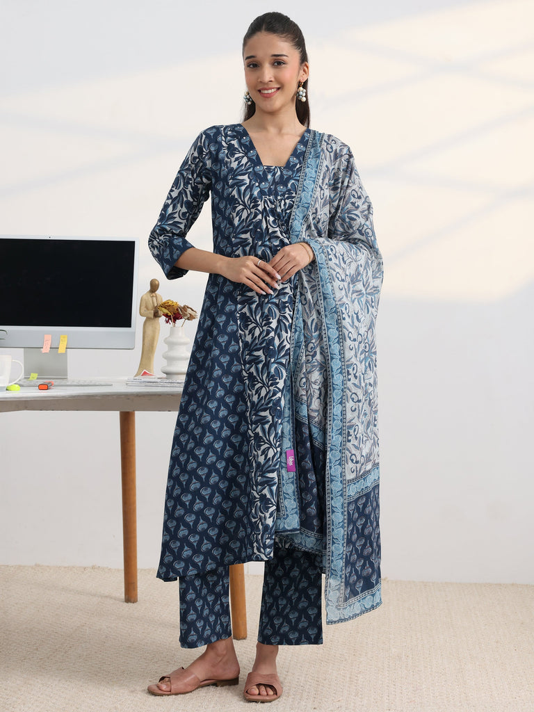 Gerua Blue Floral Printed Cotton Blend A-Line Suit Set With Dupatta