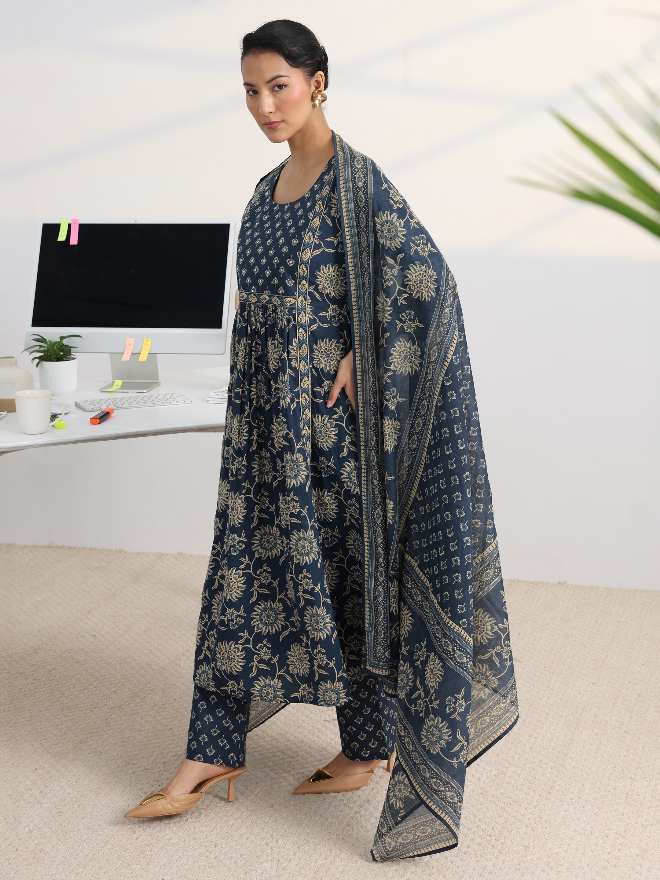 libas Gerua Blue Floral Printed Cotton Blend A-Line Suit Set With Dupatta-picture-32