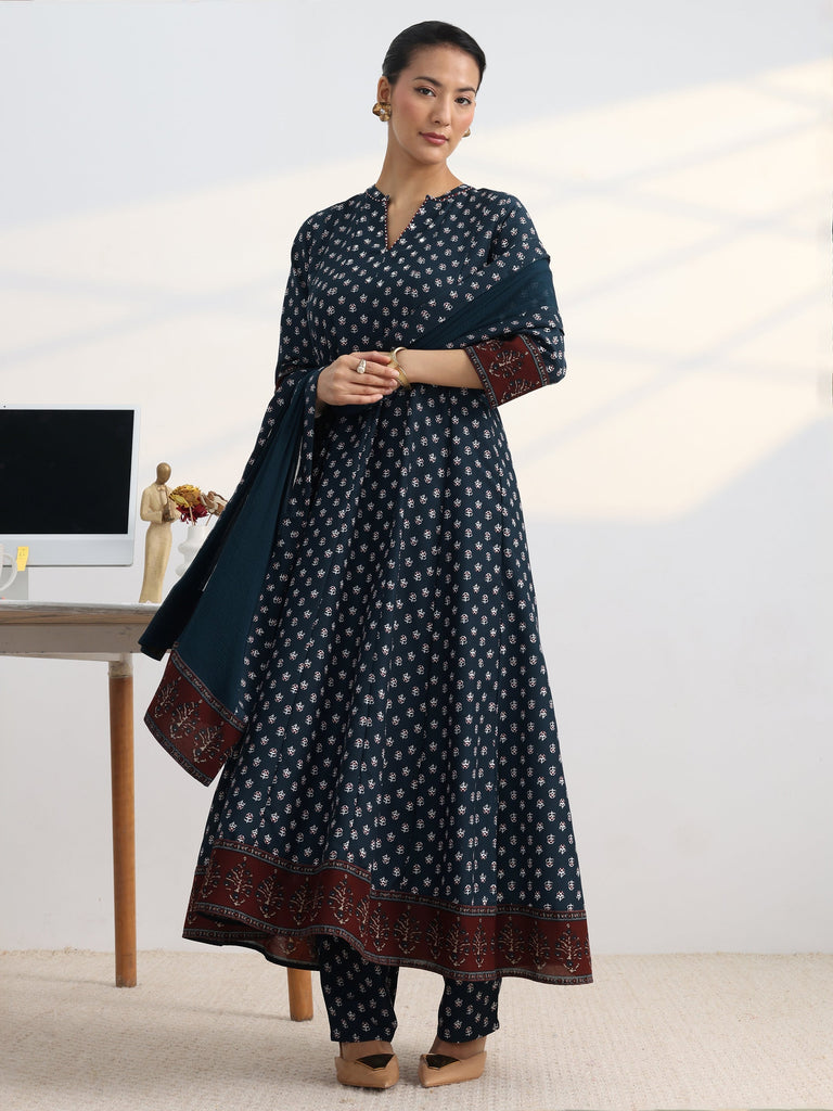 Gerua Blue Floral Printed Cotton Blend A-Line Suit Set With Dupatta
