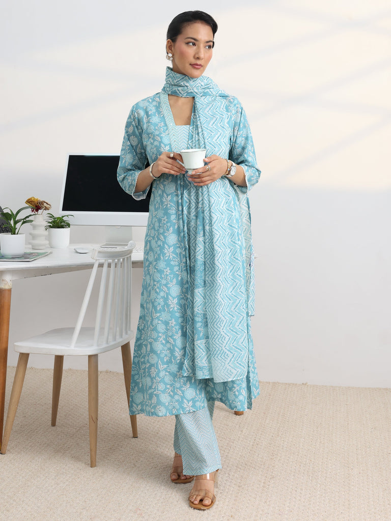 Gerua Blue Floral Printed Cotton Blend A-Line Suit Set With Dupatta